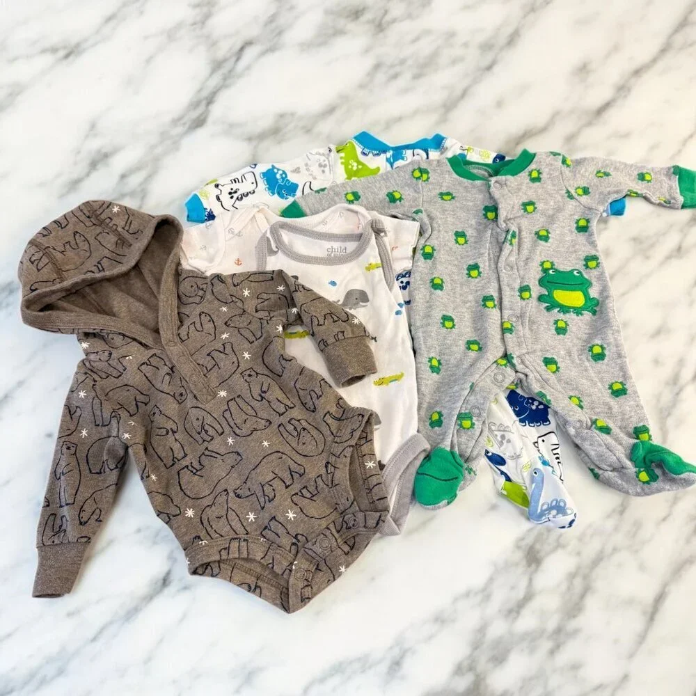 Newborn Size Baby Bundle 5 Piece Footies Bodysuits